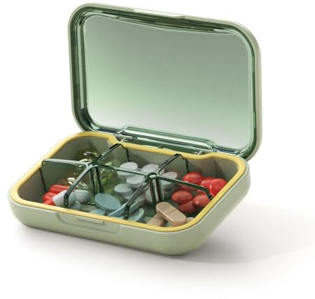 Glosen Pill Box with 6 Compartments - Travel Pill Organiser with Snap Lock, Small Pill Case for Vitamin, Tablet Box for Pocket Bag 4 x 2.6 x 1 inch (Green)