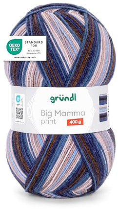 Gründl Big Mamma Print - Lana XXL para tejer - ovillo grande de 400 g / 1040 m - lana con degradado de color 100% poliacrílico - jeansblau-haselnuss-greige