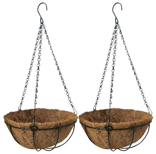 LWINGFLYER Metal Hanging Basket Coconut Palm Flower Basket 10'' Round Metal Hanging Flower Pots for Garden Porch Balcony Patio Home Garden（2PCS）