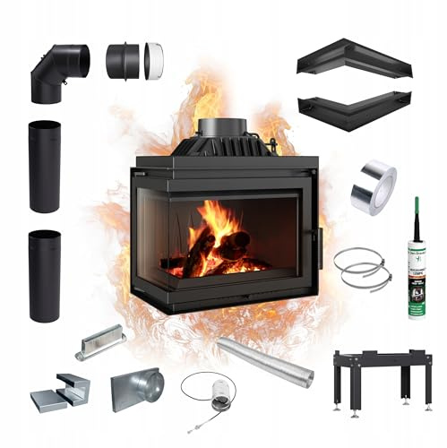 KRATKI Kamineinsatz Gusseisen Simple 8kW Holzofen Eck Links Ø200 BImSchV 2 | Kamineinsatz aus Gusseisen, schwarz, 80,1% Wirkungsgrad, Ecodesign, EEK A, Aschekasten