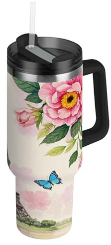 Romantic Parisian Iron Tower with Flowers Pink Vacuum Reusable Water Bottle 40 oz with Straw Leak Resistant Flip Decorative Portable Coffee Mug for School, Sports, Daycare, Camp & More vasos
