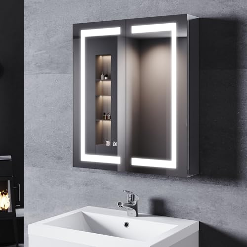 SONNI LED spegelskåp badrum och uttag 70 x 60 cm, 2 dörrar rostfritt stål spegelskåp med touch-brytare, 3 justerbara ljusfärger defogging, trådlös gångjärnsdesign medicinskåp