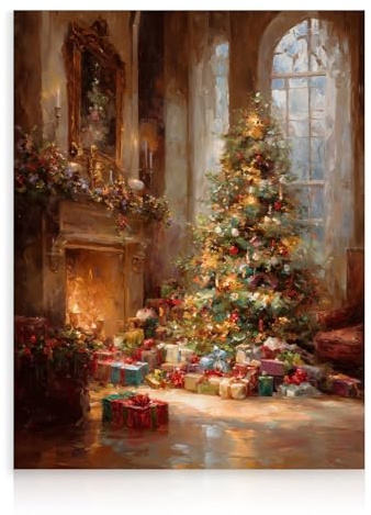 Dazzlewall Weihnachtsbaum Wandkunstdruck, Ölgemälde Stapel Von Geschenken Kamin Kunstwerk Druck Luxus Weihnachtsbaum Dekor für Zu Hause Geschenke für Ihn Sie, 12x16 zoll Ungerahmt