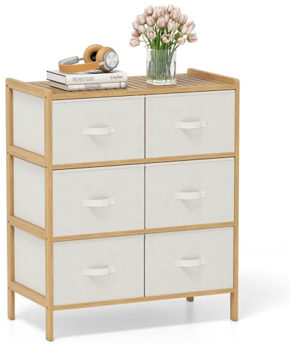 COSTWAY Cassettiera a 6 Cassetti in Bambù, Torre di Stoccaggio con Cassetti in Tessuto Pieghevoli e Ripiano Superiore, Organizzatore Verticale per Soggiorno Corridoio, 66x35x78,5 cm