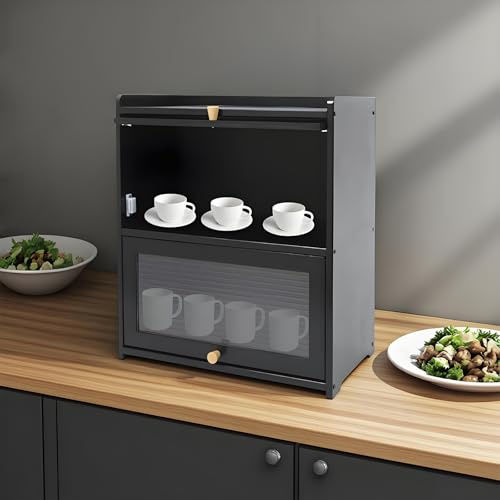 WindWilder Bread Bin Wooden 42x25x50cm Breads Storage Box Storage Cabinet for Kitchen Living Room Bedroom, 11 lbs Capacity (Black)