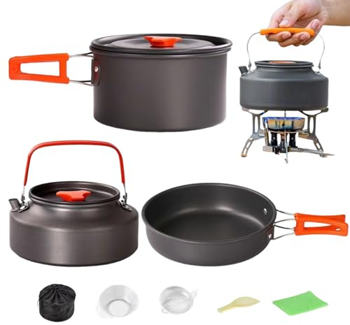 Köksset för camping, 3 stycken stekpanna - kastrull, bärbar stapelbar vattenkokare för, utomhus, vandring, resor, husbil, överlevnad