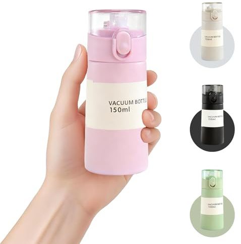 Senshuomy 5.3oz Mini Water Bottle,Small Flasks,Stainless Steel Insulated Water Bottles,Leakproof Drinks Bottle with Carry Handle for Hot&Cold Drinks,Coffe,Juice(Pink)