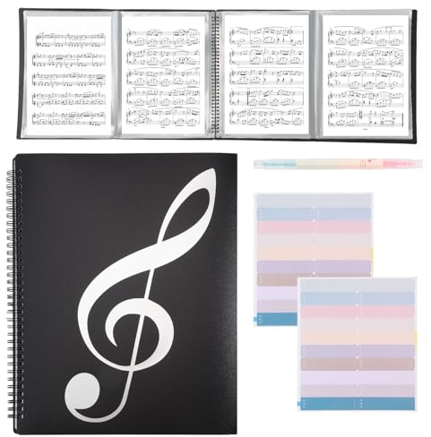 CONCHLERY 4 Pages Expand Sheet Music Folder 40 Pockets Piano Music Folder Waterproof Band Flip Storage Clip for Sheet Display with 40 Pcs Index Tabs and Pen, 12.7x10.2 inch