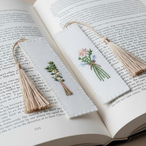 Gersoniel 2 Pcs Embroidery Felt Bookmarks Floral Patterns Bookmark with Tassels Handmade Flower Bookmark Cute Book Markers for Reading Adults School Office Book Lovers Gifts