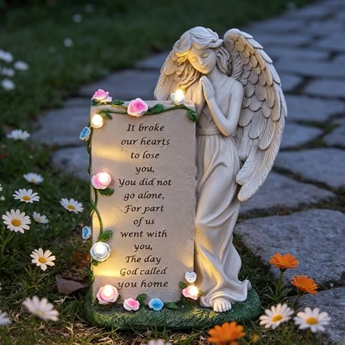lifemet Statua da giardino a energia solare con luce a LED, angelo custode in resina, resistente alle intemperie, scultura di angelo in preghiera, decorazione da giardino per esterni per cimitero