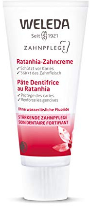WELEDA Ratanhia Zahncreme, Naturkosmetik Zahnpasta zur sanften und gründlichen Reinigung der Zähne, entfernt Zahnbelag und Zahnstein, schützt vor Karies und schädlichen Säuren (1 x 75 ml)