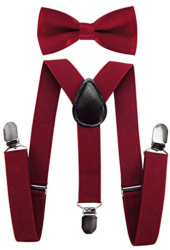 Bretelles pour enfant de qualité supérieure Axy - En forme de Y - Avec nœud papillon - 3 clips à la résistance très élevée - Couleur unie rouge rouge bordeaux