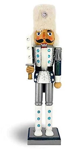 Figura di schiaccianoci in legno per le vacanze di Natale con soldato blu navy, argento e bianco uniforme giacca, spada e cappello di pelliccia con dettagli strass scintillanti, grande, 45 pollici
