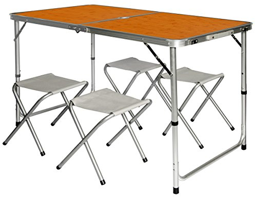 AMANKA Tavolino da PIC-nic incl 4 Sgabelli Tavolo da Campeggio 120x60x70cm Altezza Regolabile Pieghevole Formato Valigia bambù
