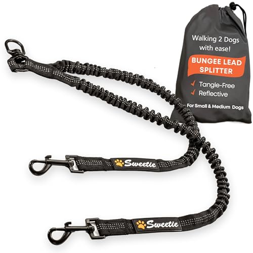 Sweetie hundkoppelsplitter – dubbelt stötdämpande bungee-koppling – perfekta koppel för promenader 2 små till medelstora hundar på ett koppel – inget trassel 360° vridbart klämma – reflekterande