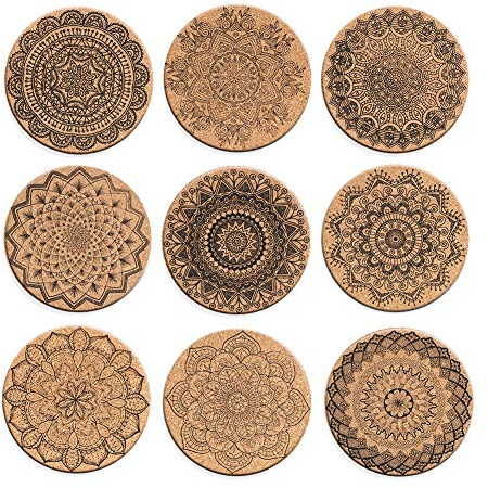 Soleebee 9 Pezzi Round Sottobicchieri di Sughero, Riutilizzabile Tazza di stuoia Disegno di Pittura Retro Sottopentola di Vetro sottobicchieri per casa, Ufficio, Bar, Ristorante - 10 x 0,5 cm
