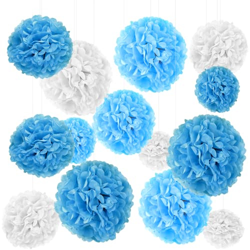 24er Set Seidenpapier Pompoms, inkl. Satinbänder (je 1.20m), inkl. Geschenkverpackung (Weiß Hellblau Blau)