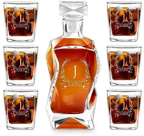 Maverton Whiskey Karaffe + 6er Whiskygläser Set mit Gravur - 700ml Whisky Dekanter - Geschenk zum Geburtstag für Damen - Monogramm
