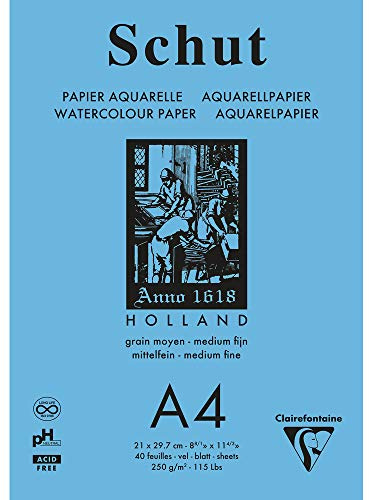 Clairefontaine SCH11854C - Aquarellblock verleimt Shut Papier feinkörnig, petit grain, 250g, 40 Blatt 21x29,7 cm, Weiß