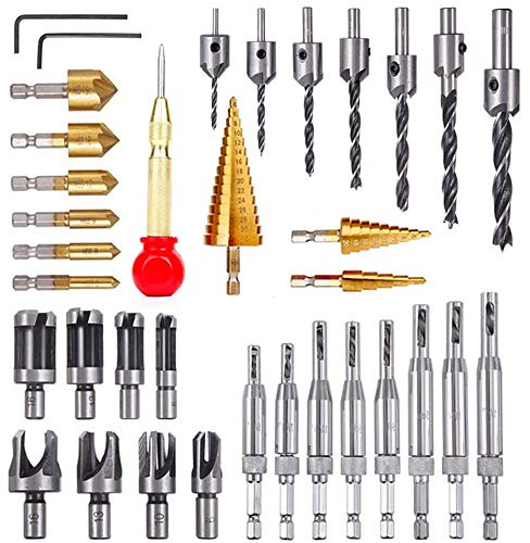 Loboo Idea Lot de 34 outils de perçage à chanfrein, 6 forets coniques, 7 forets coniques, 8 fraises à bois, 1 pointeau central, 8 forets à carotte, 3 forets étagés
