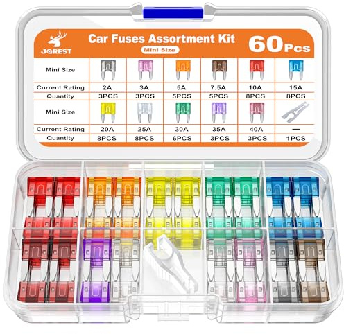 JOREST Juego de 60 fusibles para coche, fusibles planos para coches, caravanas, camiones, motocicletas (2 amperios, 3 A, 5 A, 7,5 A, 10 A, 15 A, 20 A, 25 A, 30 A, 35 A, 40 A)