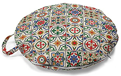 ABAKUHAUS marokkanisch Rundes Bodenkissen mit Griff, Dekorative abstrakte Blatt, dekoratives Kissen für Wohnzimmer & Schlafsäle, 45 cm, Mehrfarbig