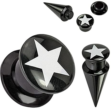 Taffstyle Piercing Ohrpiercing 2 in 1 Flesh Schraub Plug plus Dehnungsstab Dehnstab Taper Expander Ohr Stab Schwarz Stern 10mm