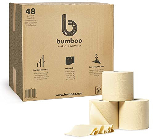 Bumboo Bamboo Toilet Roll 48 Pack | Unbleached Toilet Paper 3 ply, 300 Sheets | Eco Toilet Rolls Bulk Buy | Plastic-Free, Soft, Strong, Sustainable & Biodegradable Loo Roll