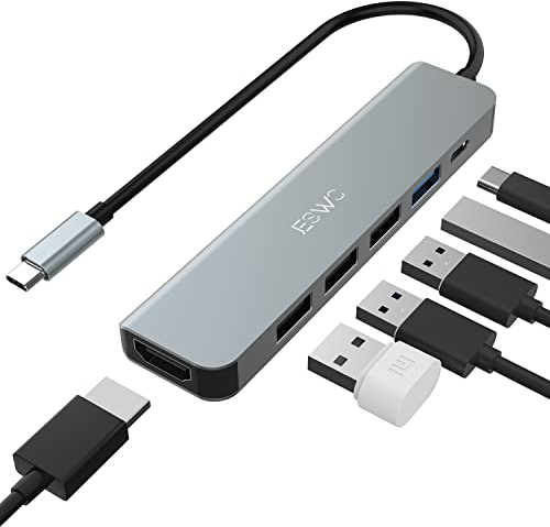 USB C Hub, JESWO 6 in 1 USB C Adapter mit 4K HDMI, 1 USB 3.0, 3 USB 2.0 und 100W PD kompatibel mit MacBook Pro/Air und andere Typ-C-Geräte