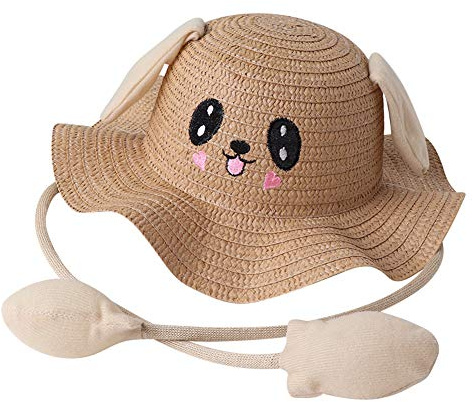 Kids Straw Sun Hat Funny Bucket Hat Wide Brim Summer Sun Protection Hat Children Foldable Beach Cap Cute Fisherman Hat UPF 50 Outdoor Sunblock Hat with Moving Ears for Girls Boys 4-8 Years Old Khaki
