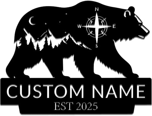 Personalisierte Bär und Berge, Landschaft, Metall-Wandkunst, individuelle Metall-Namensschilder, Nordstern-Kompass, Metallschilder für den Außenbereich, Heimschild-Wanddekoration