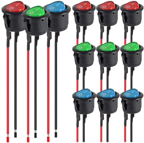 MKBKLLJY 12St. 20mm rote/blaue/grüne runde LED-Wippschalter SPST 2-polig Ein/Aus Snap-in Design Mini 12 Volt DC Mini Kreis Kippschalter AC 10A 125V 6A 250V für Auto RV mit vorgelöteten Drähten