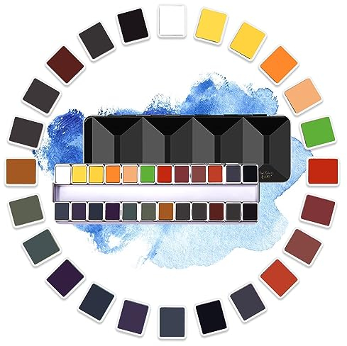 Paul Rubens Professionelles Aquarellfarben-Set in Künstlerqualität, 24 Farben, solide Farbe, mit tragbarer Metallbox, Reise-Aquarell für Künstler, Anfänger, Hobbyisten, Studenten, schwarzes Gehäuse