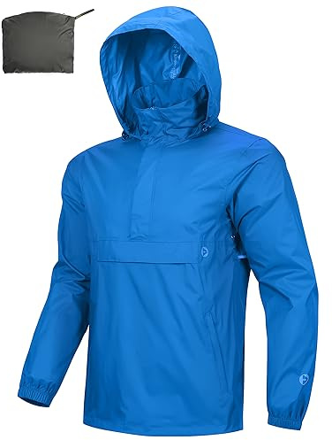Outdoor Ventures Regnjacka för män vattentät tröja med huva packbar reflekterande jacka lätt cykel vindjacka andningsaktiv softshelljacka för vandring löpning utomhus, Havsblått, 4XL