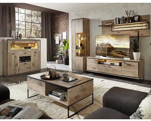 Lomadox Wohnmöbel Set Wohnwand inkl. Beleuchtung braun 5-teilig Modern, 1 Couchtisch, 1 Vitrine, 1 Highboard, 1 Lowboard, 1 Wandboard