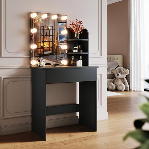 SONNI Schminktisch mit HD Spiegel, 10 LED(3 Farben), Schwarz, 70x40x140cm | Frisiertisch mit Schubladen, 3 Offene Regale, 10 Helligkeitsstufen, Kosmetiktisch, Make-up Tisch für Schlafzimmer, Wohnung