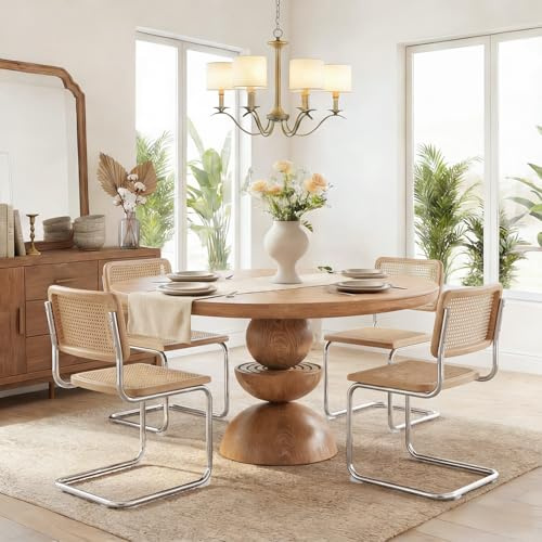 Flouki Rattan Dining Chairs Set of 4, Boho Accent Chairs for Kitchen Room with Natural Cane Mesh, Mid Century Cantilever Design, Undyed Solid Wood