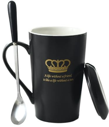 CAPIJIONG 400ml/13.5oz Creative, Simple And Personalized Ceramic Mug Microwave Oven Available For Couples With Spoons And Covers Coffee And Milk Cups-Crown 1 Matte Black-Cup lid spoon+gift box