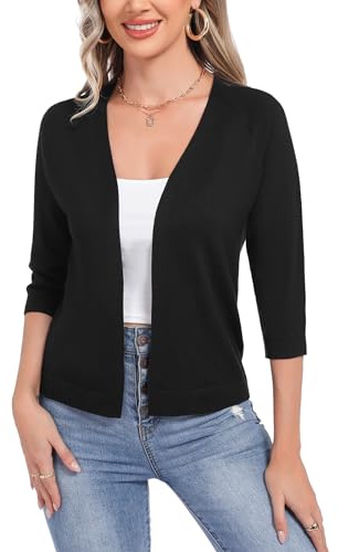 Sykooria Bolero Damen Festlich Strick 3/4 Ärmel Kurz Jäckchen Leicht Cardigan V Ausschnitt Open Front Strickjacke Elegant Bolerojacke, Schwarz M