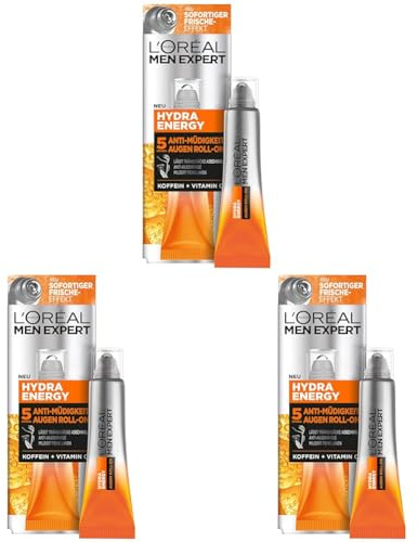 L'Oréal Men Expert Augen Roll-On gegen müde Haut für Männer, Belebende Augenpflege gegen Falten und Augenringe, Herren Feuchtigkeitspflege mit Vitamin C und Koffein, Hydra Energy, 1 x 10 ml