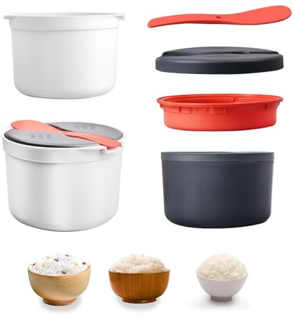 Qivine Microwave Rice Cooker, 2L Microwave Steamer with Steamer Plate and Rice Spoon, Rice Cooker Microwave Non-Stick Microwave Steamer for Vegetables, Pasta