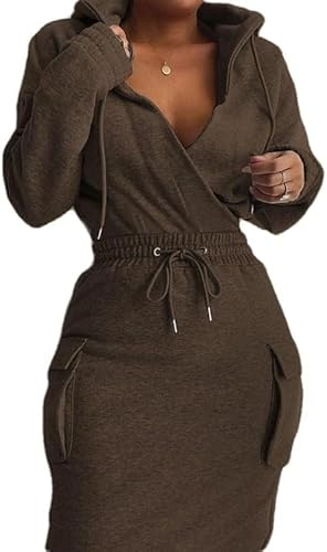 BIRW Abito con cappuccio da donna 2024 Slim Casual a maniche lunghe a vita alta con coulisse Pullover aderente Abiti in felpa, Caffè denso, L