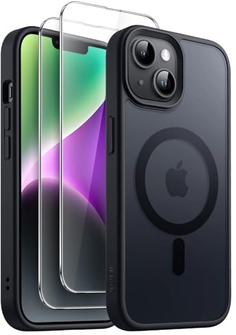 JETech 3-in-1 Matte Magnetische Hülle für iPhone 14, Schwarz | Kompatibel mit MagSafe, 2 Gehärtete Glas Schutzfolien, Matte Transluzent Rückseite, Stoßschutz