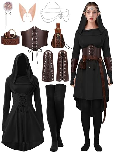 SOMSOC Women Renaissance Halloween Fairy Costumes Medieval Hooded Robe Lace Up Dress Accessories Set Cosplay