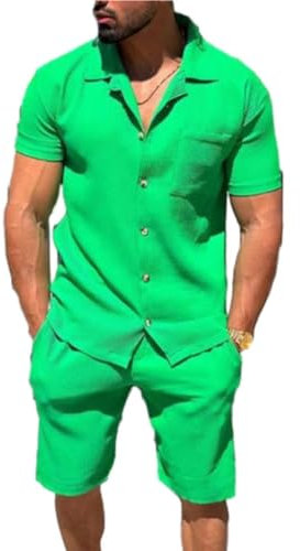 Freizeitset Herren All-Match Lose 2 Stück Shirt Set Kurzarm Temperament Mode Poloshirt Herren Das Neue Revers Trend T-Shirts Kurze Hose Freizeitanzug D-Green XXL