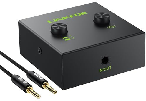 LiNKFOR 3.5mm Audio Bi-Directional Switcher - Compact Aux Switcher for 2-in-1-out or 1-in-2-out Connections One Device Output at a Time Compact Aux Switch for PC, Phone & Speaker No Power Required