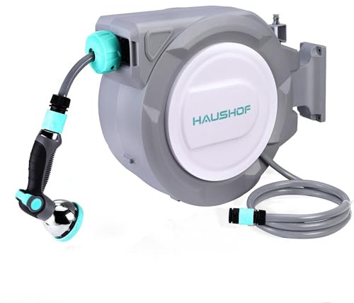 HAUSHOF Avvolgitubo da Giardino 30+2m con Supporto da Parete Girevole a 180° e 10 Modalità di Spruzzo, Box per Tubo da Giardino con Avvolgimento Automatico per Giardino e Lavaggio Auto
