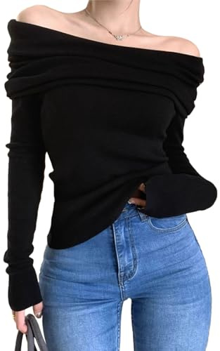 Hanaoops Women's Tops Off Shoulder Long Sleeve Tight T-Shirt Y2K Tunic Knit Pullover Sweater Casual Solid Color Jumper Basic Blouse Going Out Crop Clothes for Ladies Girls Black