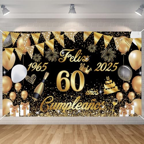 Pancarta Feliz Cumpleaños 60 Anos 1965-2025, Seutgjie Happy Birthday Decoracion para Mujer Hombre para Fiesta Cumpleaños 60 Oro Negro 180 x 110 cm