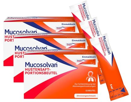 Mucosolvan® Hustensaft-Portionsbeutel | 3x15 Stück| Hustenlöser bei Husten, festsitzendem Schleim & Bronchitis | Mit Ambroxol für schnelle Hustenlinderung | Praktische Portionsbeutel für unterwegs